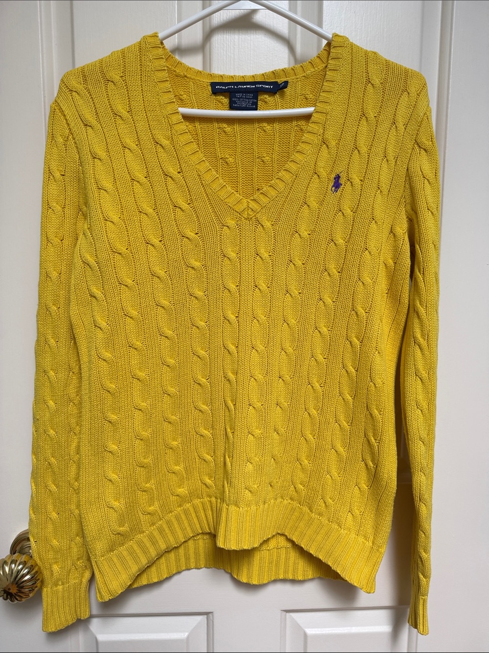 Ralph Lauren Sport sz S Deep Yellow Cable Knit V sweater w Purple pony 100% cott